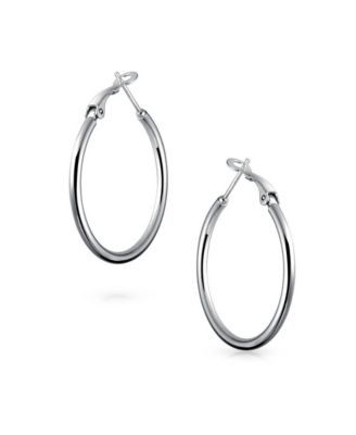 Simple Plain Finish Round Tube Hoop Earrings Sterling Silver Hinged Notched Post 1.4 Inch Diameter
