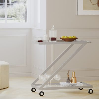 Z-Shaped Glass Shelves Locking Casters Bar Cart