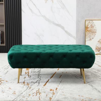 Velvet Button Tufted Bench with Gold Metal Legs