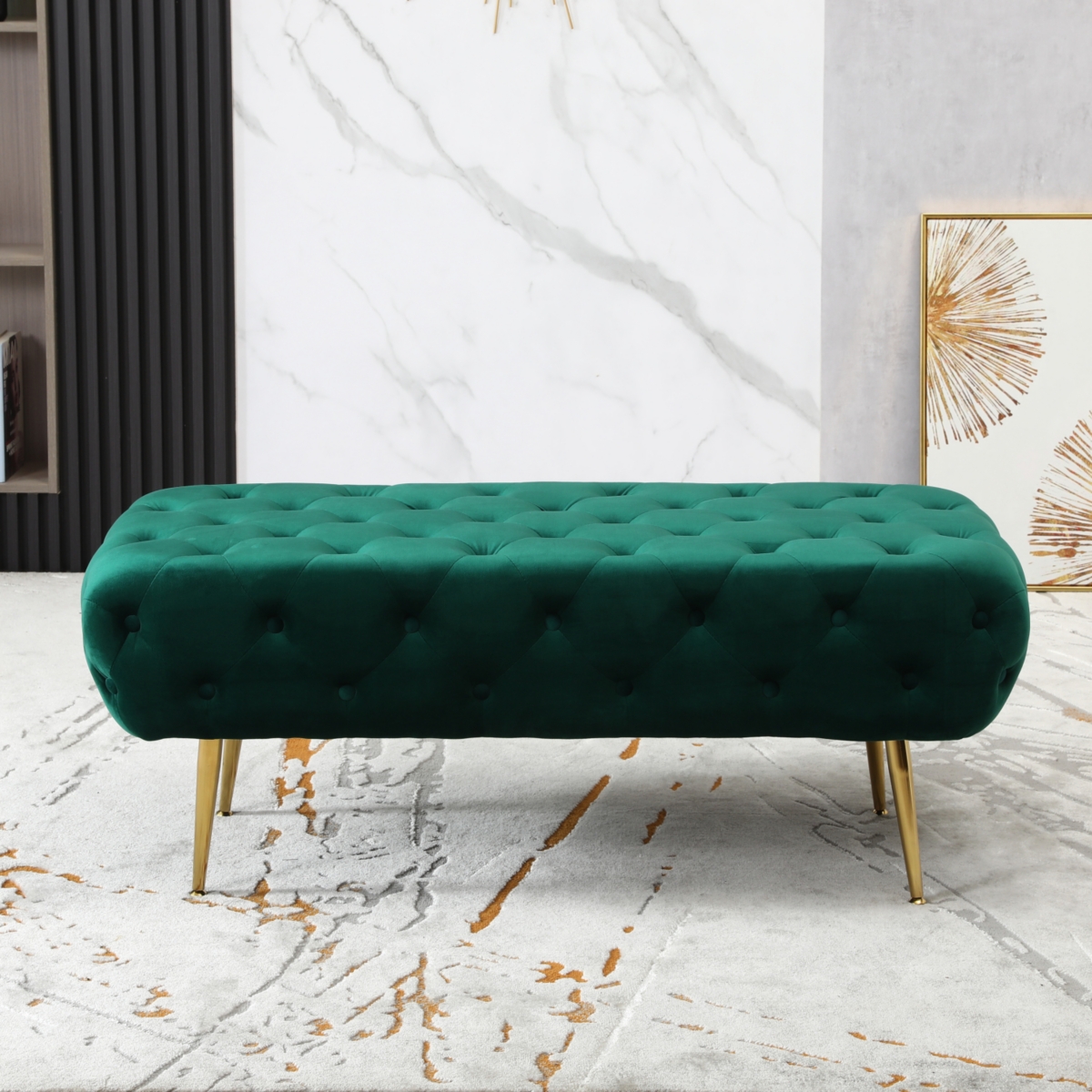 Velvet Button Tufted Bench with Gold Metal Legs, Green