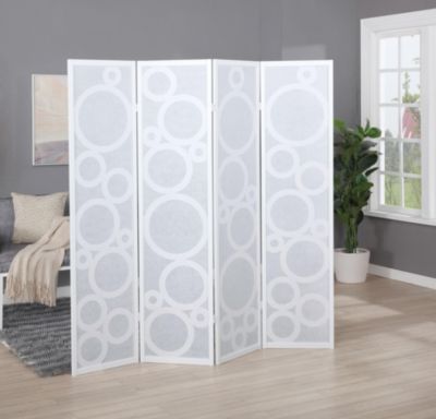 4-Panel Wood Room Divider with Circle Pattern, White