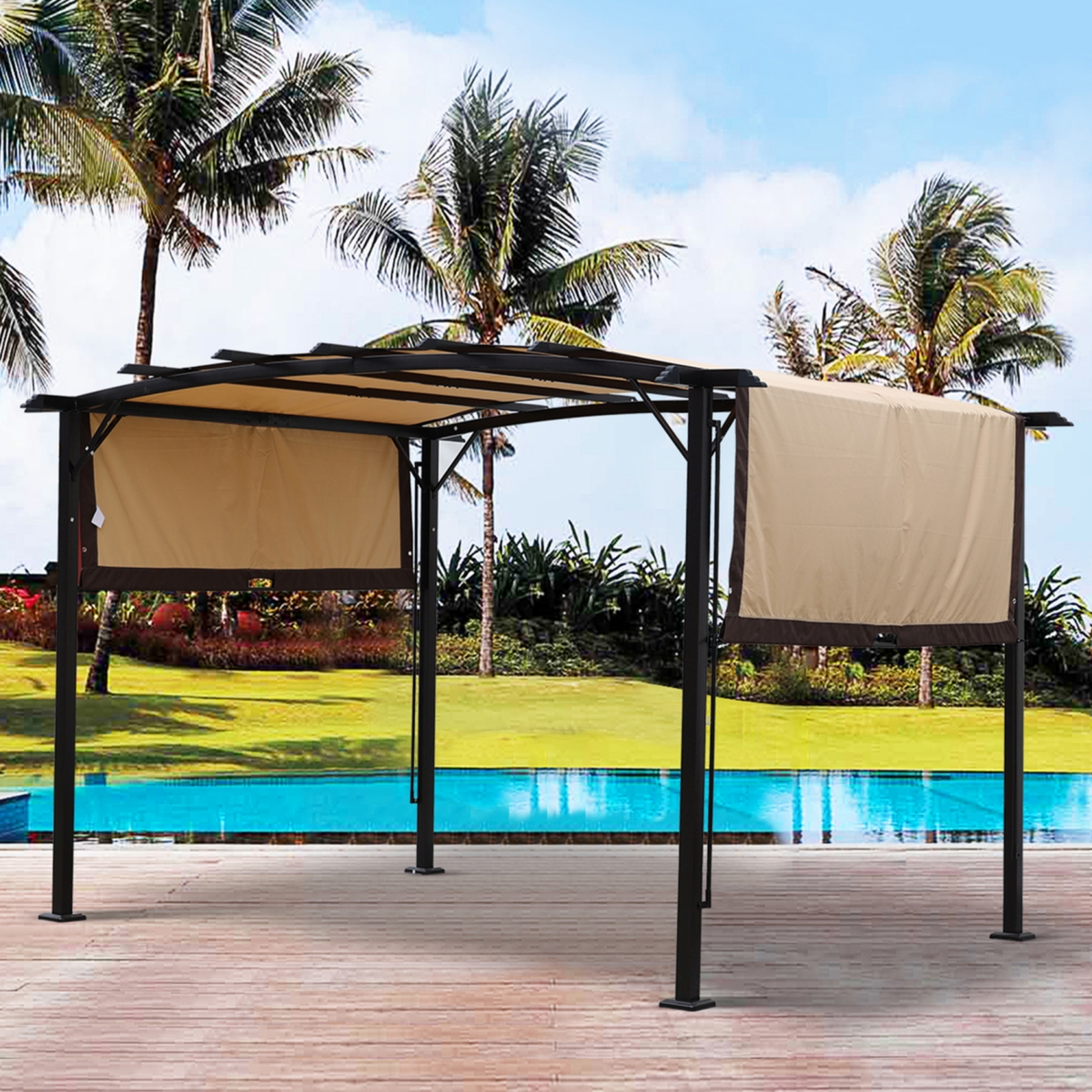 Streamdale Furniture Xxl Patio Gazebo with Retractable Canopy, Steel Frame for Outdoor Sun Shade - Beige+brown