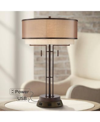 Industrial Table Lamp with USB and AC Power Outlet Workstation Charging Base 26" High Bronze Double Shade Living Room