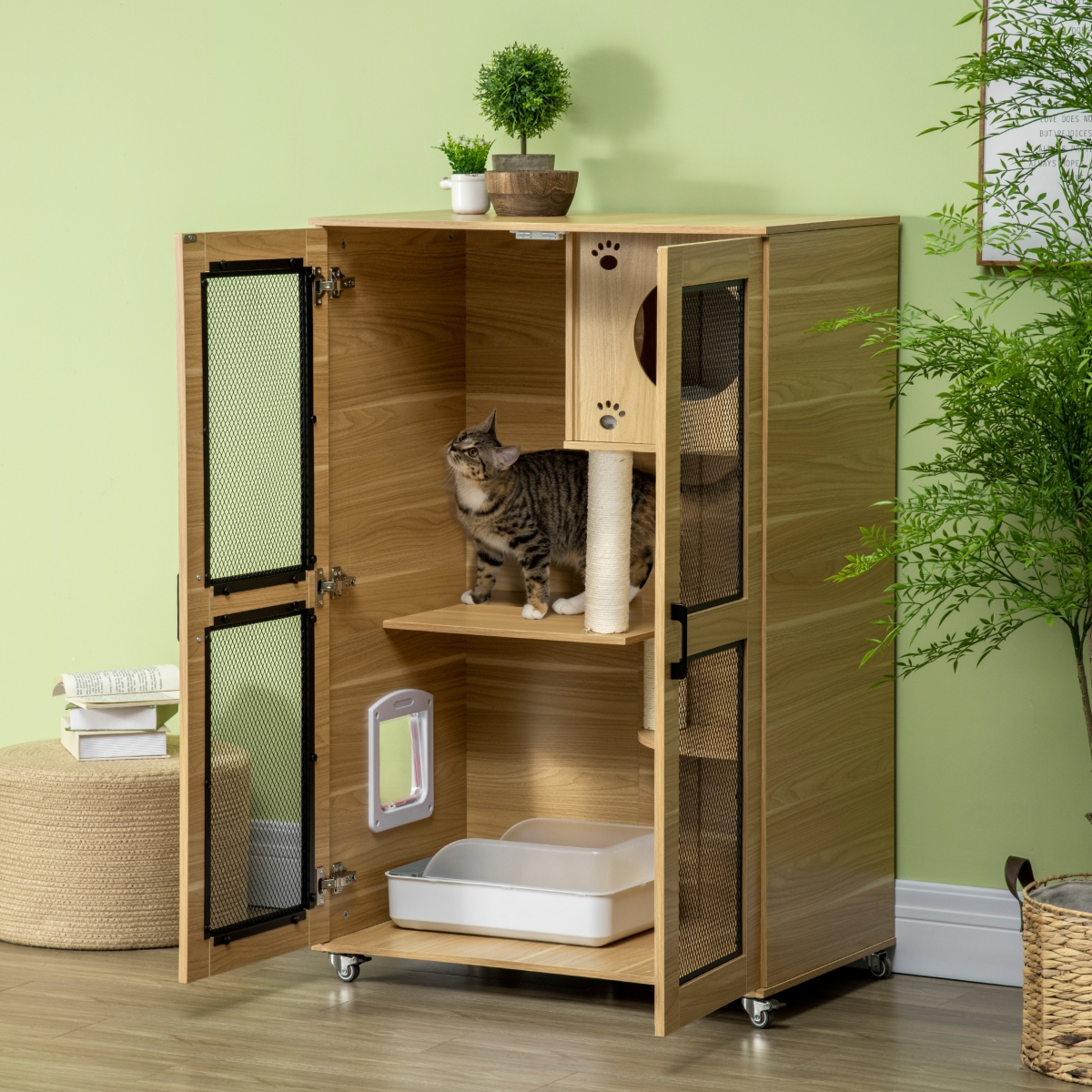 PawHut Cat House with Cat Tree Inside, Kitty Cage with Scratching Posts, Condo, Pet Enclosure with Lockable Wheels, Flap Door, Cushion, for Indoor Cat