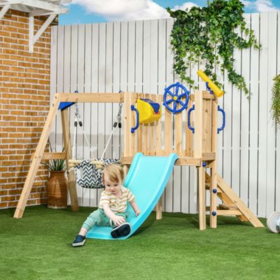 3 in 1 Wooden Outdoor Playset with Baby Swing Seat, Toddler Slide, Captain's Wheel, Telescope, Backyard Playground Set, Kids Playground Equipment, Ages 1.5-4
