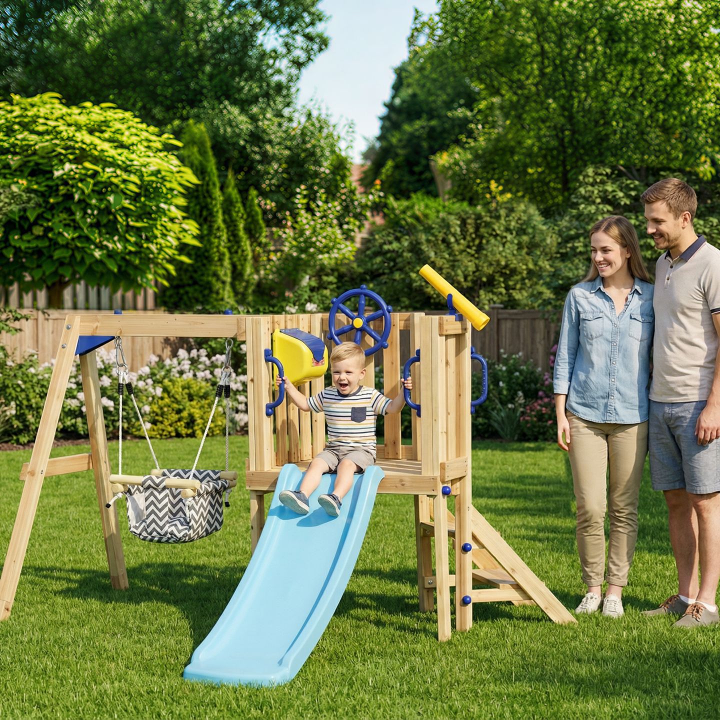 Детский игровой набор Outsunny 3 in 1 Wooden Outdoor Playset with Baby Swing Seat, Toddler Slide, Captain's Wheel & Telescope, Ages 1.5-4 — фото 2