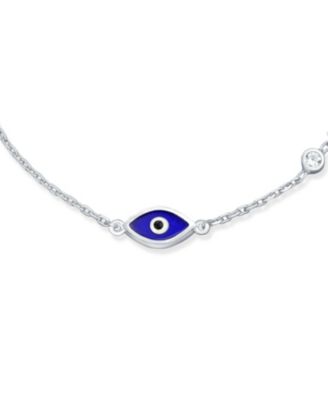 Turkish Minimalist Simple Evil Eye Charm Bracelet Accent Cubic Zirconia CZ Sterling Silver Extender