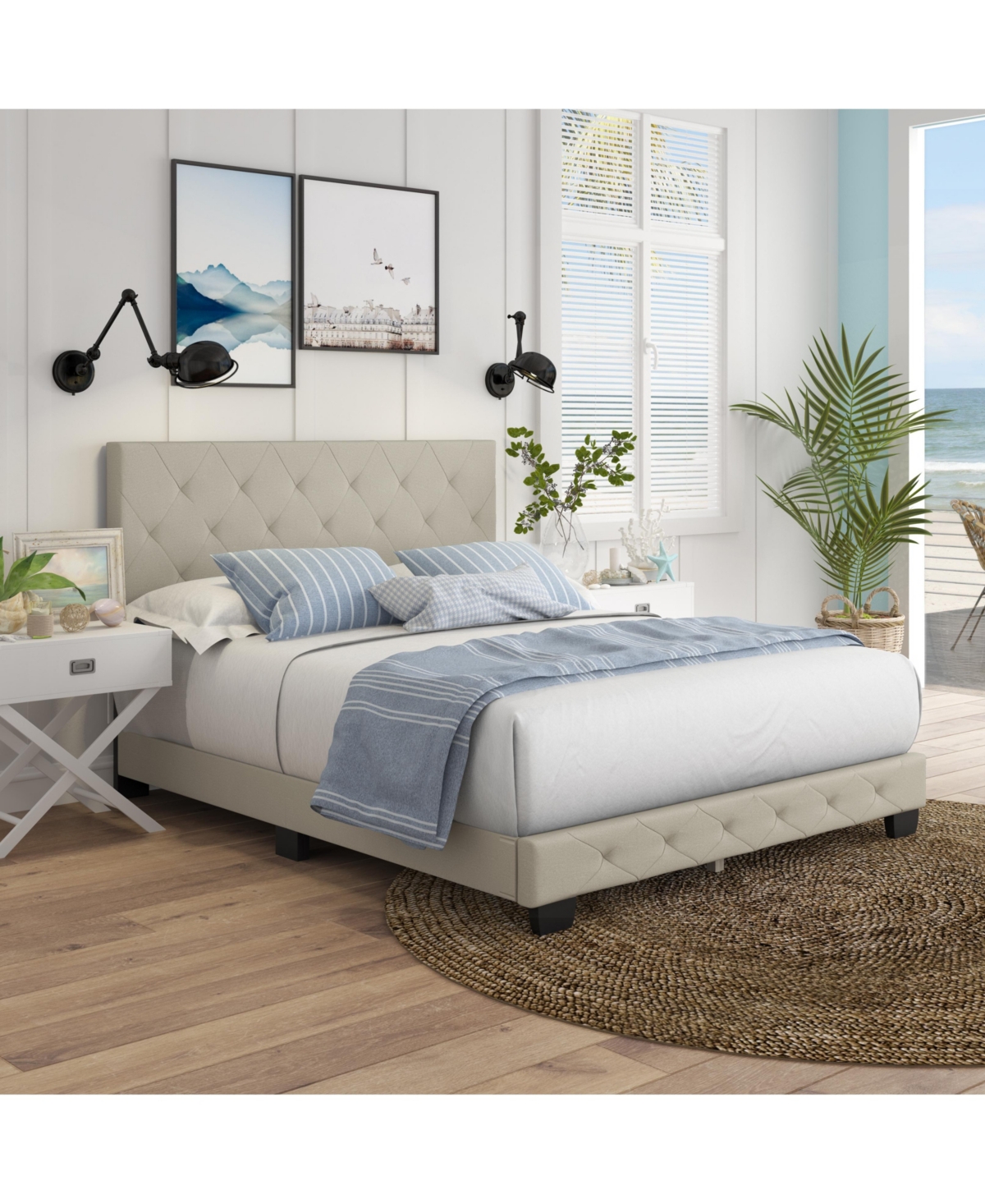 Chloe Linen Upholstered Platform Bed Frame with Adjustable Headboard