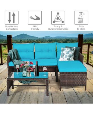 3 Pieces Outdoor Patio Corner Rattan Sofa Set-Turquoise