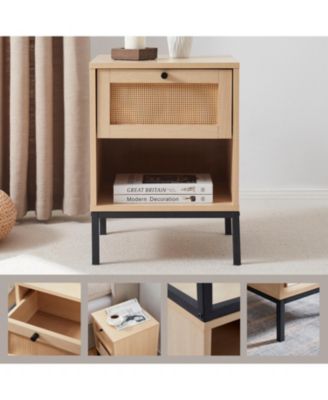 1 Pc Wood Rattan Nightstand, 1-Drawer with Open Shelf