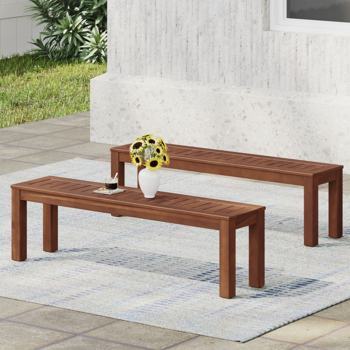 Simplie Fun Rustic Acacia Wood Picnic Benches for Outdoor Dining and Entertaining