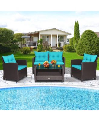 4 Pieces Patio Rattan Conversation Furniture Set with Glass Top Coffee Table