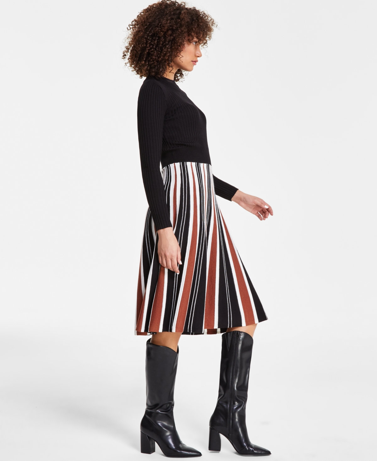 Robbie Bee Women's Long Sleeve Ribbed Knit Sweater Dress -Brown
