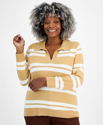 Style & Co - Plus Size Striped Johnny-Collar Pullover Sweater