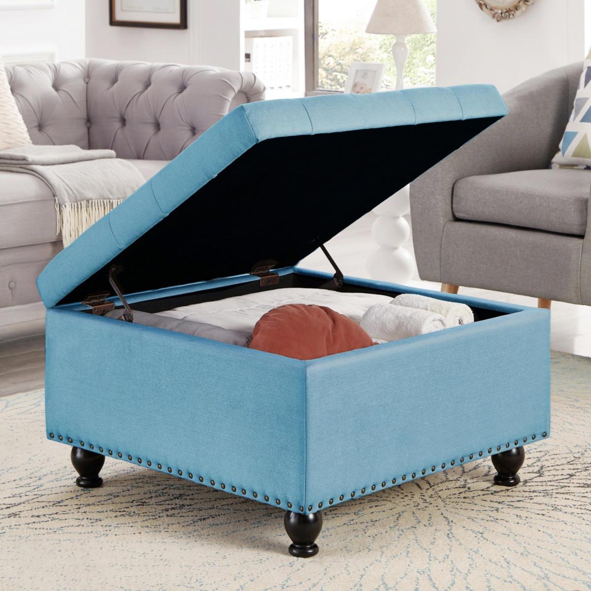 Streamdale Furniture Button Tufted Square Storage Ottoman with Wooden Legs for Living/Bedroom