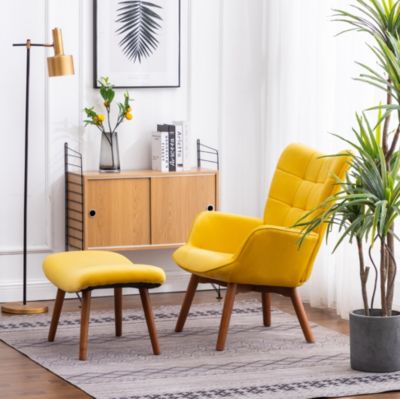 Contemporary Silky Velvet Tufted Accent Chair with Ottoman, Yellow