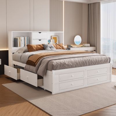 Streamdale King Size Platform Bed with Storage Headboard and 8 Drawers, White