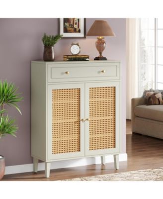 Shoe Cabinet with Doors and Drawer, Modern Shoe Storage Cabinet for Entryway, Rattan Wooden Shoe Organizer with Adjustable Shelf, Green