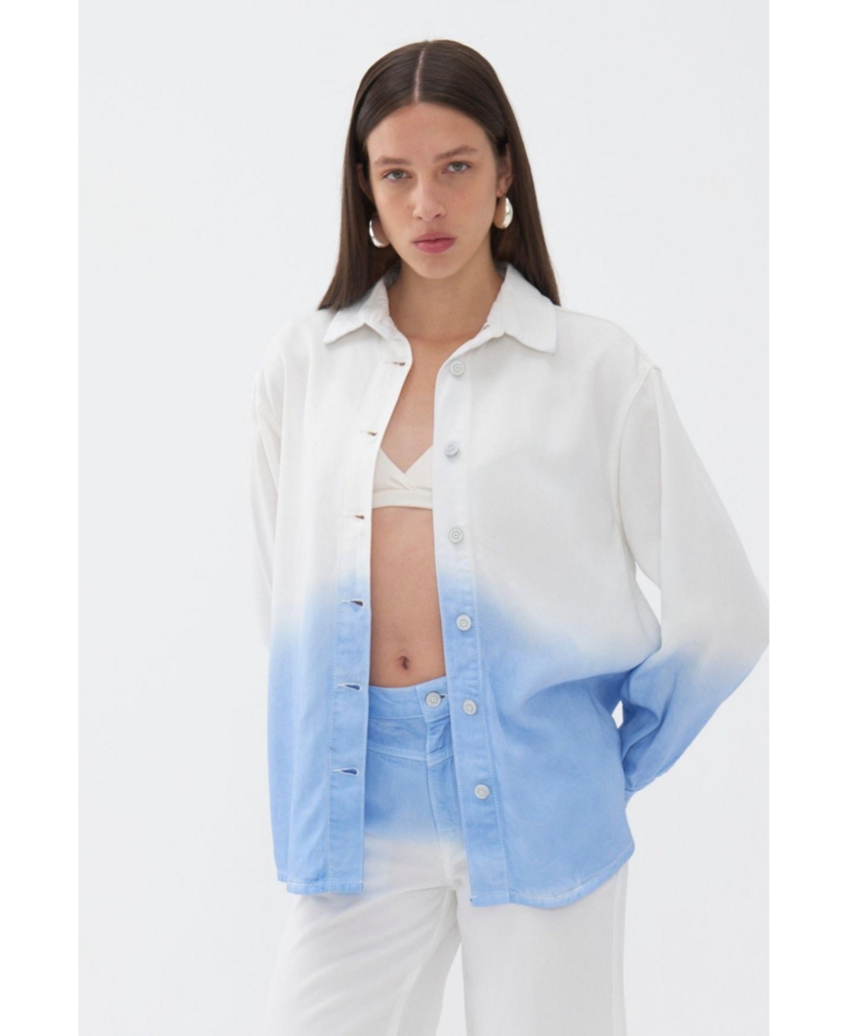 Women's Draped Denim Button-Up Shirt - Multi-colored