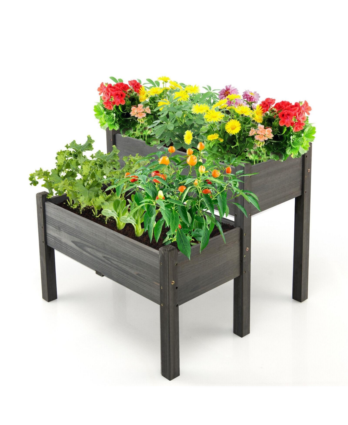 2 Tier Wooden Raised Garden Bed with Legs Drain Holes - Grey