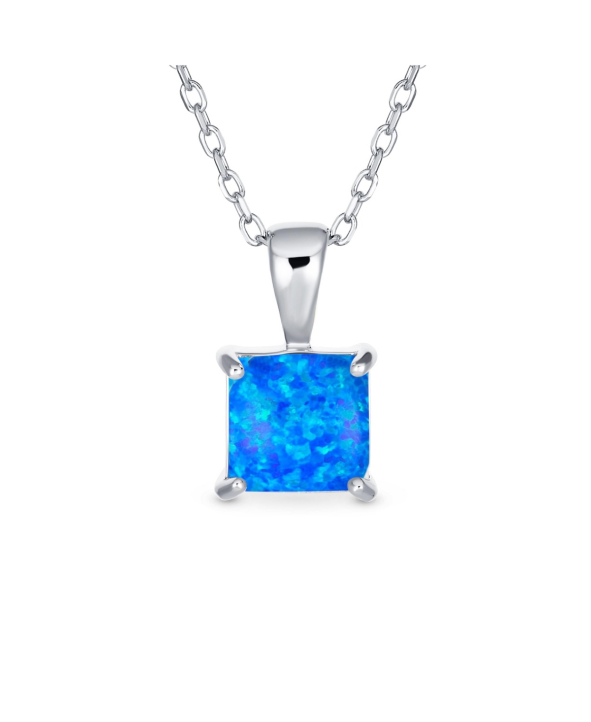 Dainty 4 Prong Set 1.25 Ct Solitaire Square Princess Cut Blue Created Opal Gemstone Pendant Necklace For Women Teens .925 Sterling Silve