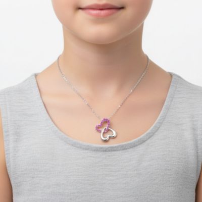 Kids Cubic Zirconia Double Heart Butterfly Pendant Necklace