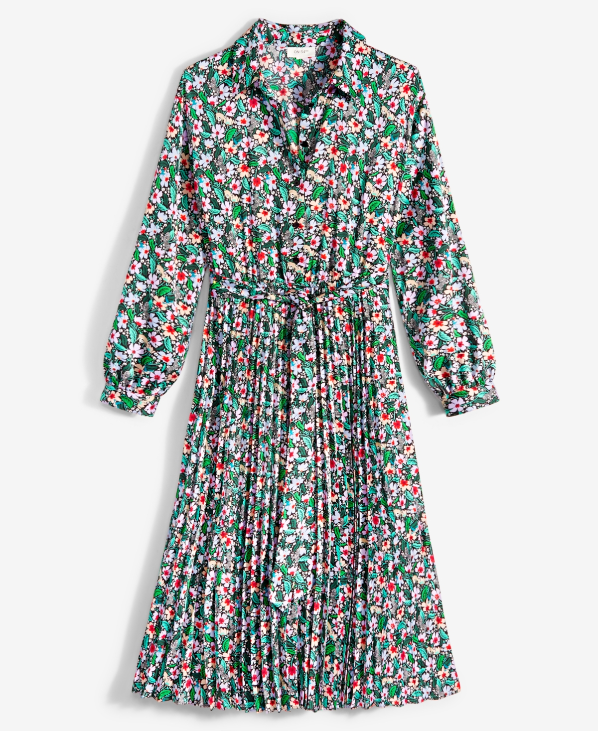 On 34th Women's Long-sleeve Pleated Shirtdress, Created For Macy's In Deep Black Combo