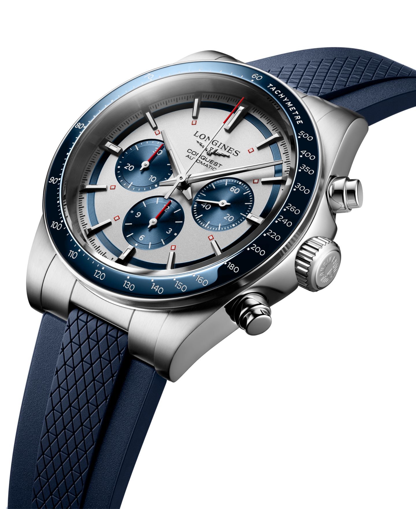 Мужские часы Longines Swiss Automatic Chronograph Conquest Blue Rubber Strap Watch 42mm — фото 2