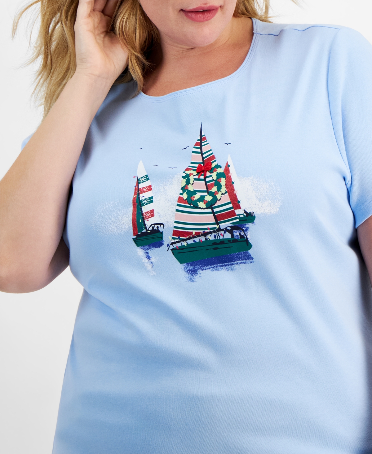 Holiday Lane Plus Size Sailboat Spirit Short-Sleeve Top, Created for Macy's