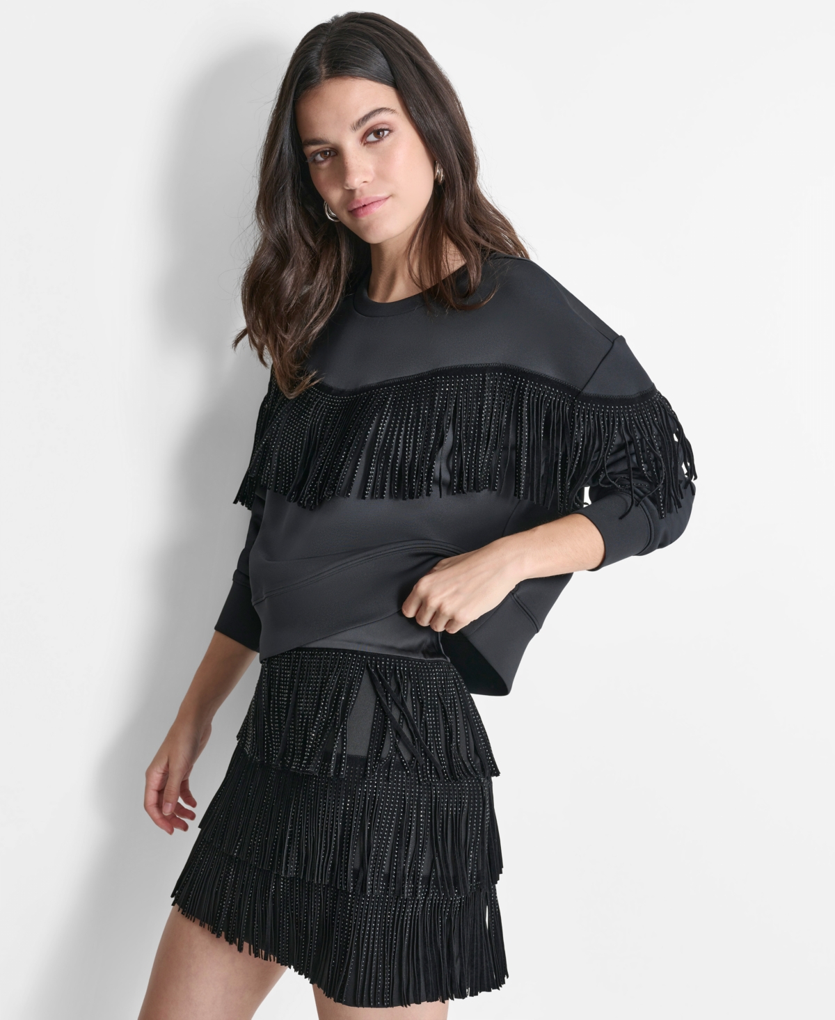 Dkny Womens Embellished Fringe Top Studded Fringe Mini Skirt In Black