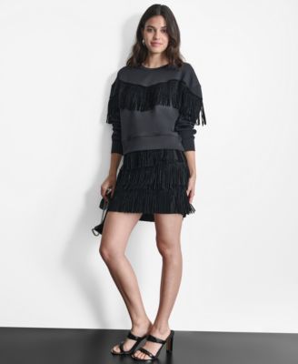 Womens Embellished Fringe Top Studded Fringe Mini Skirt