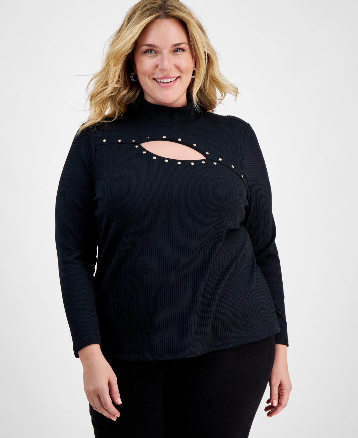 I.n.c. International Concepts Women's Studded Cut-Out Mock-Neck Top, Xs-3X, Created for Macy's