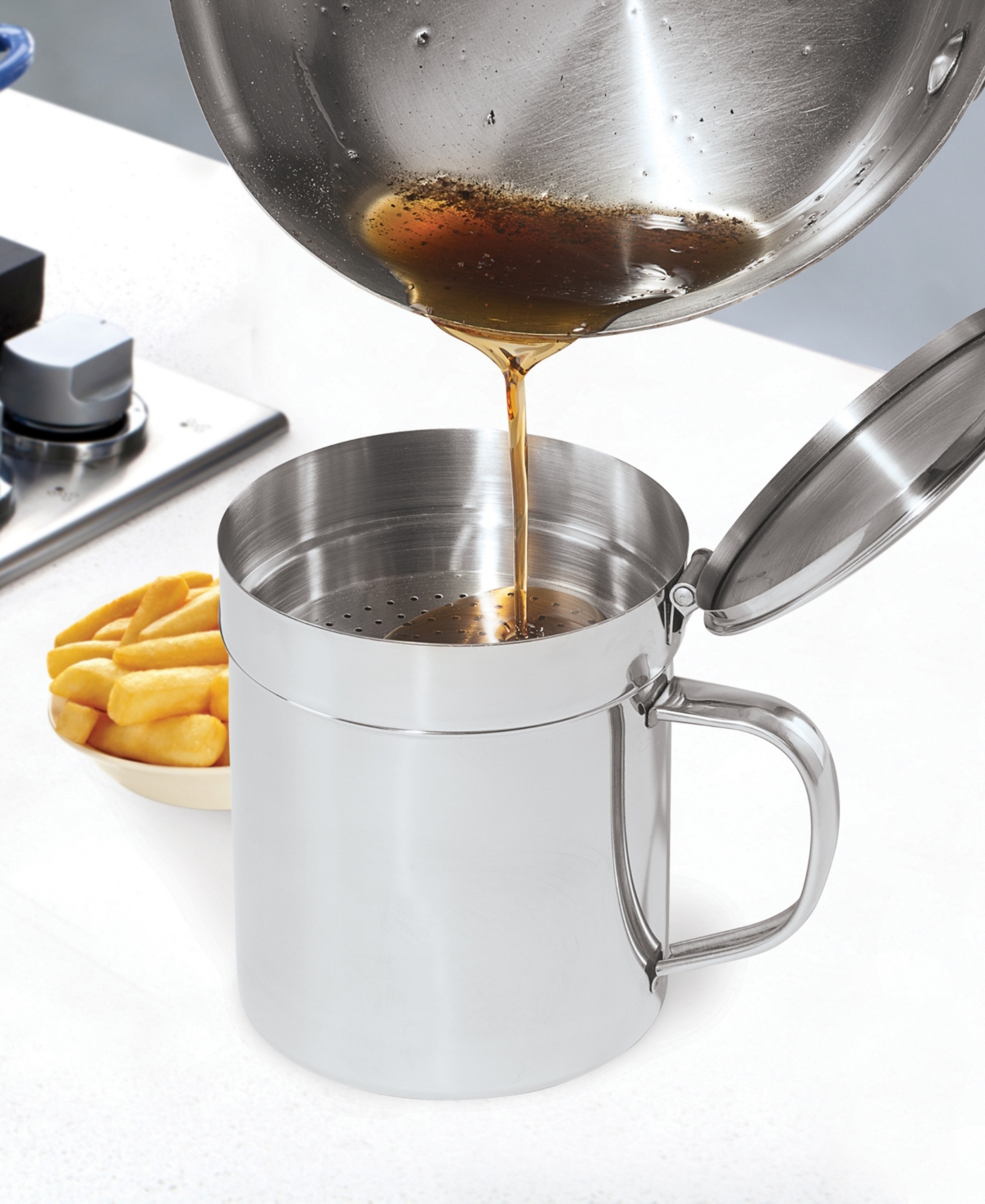 Oggi 1 Qt Stainless Steel Grease Container With Handle And Removable Strainer In Stainless Steel