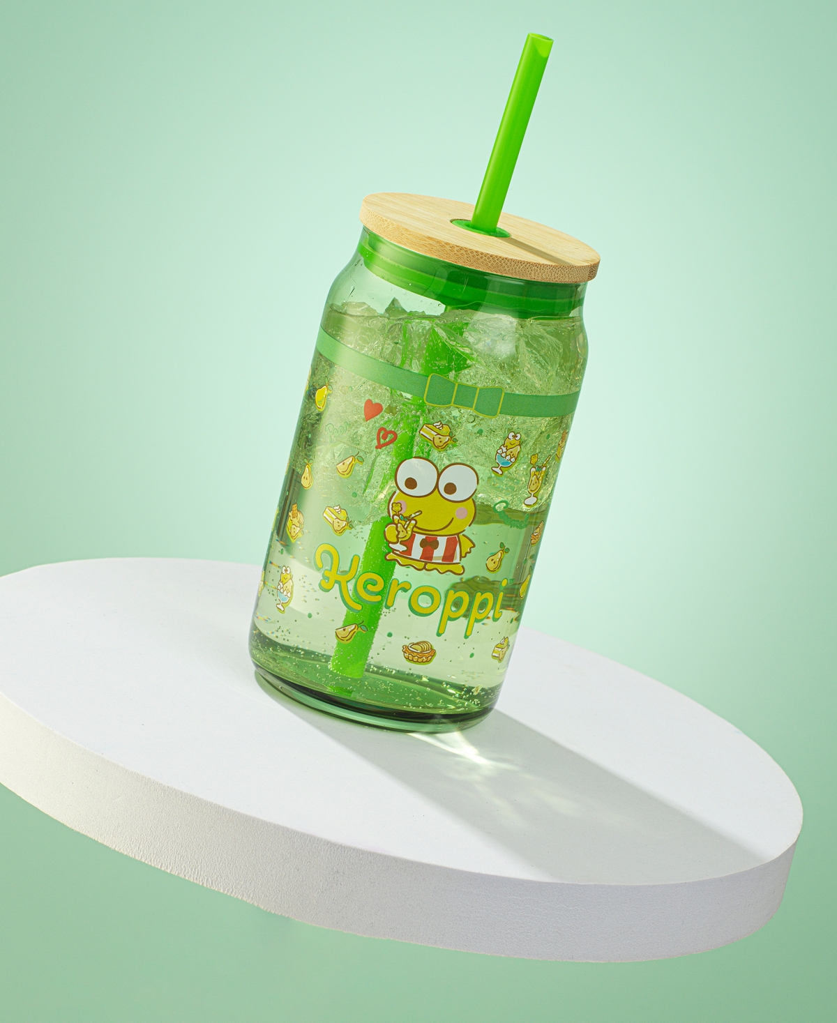 JOYJOLT HELLO KITTY AND FRIENDS FAVORITE FLAVOR KEROPPI CAN SHAPED GLASS TUMBLER WITH WOOD LID AND STRAW 