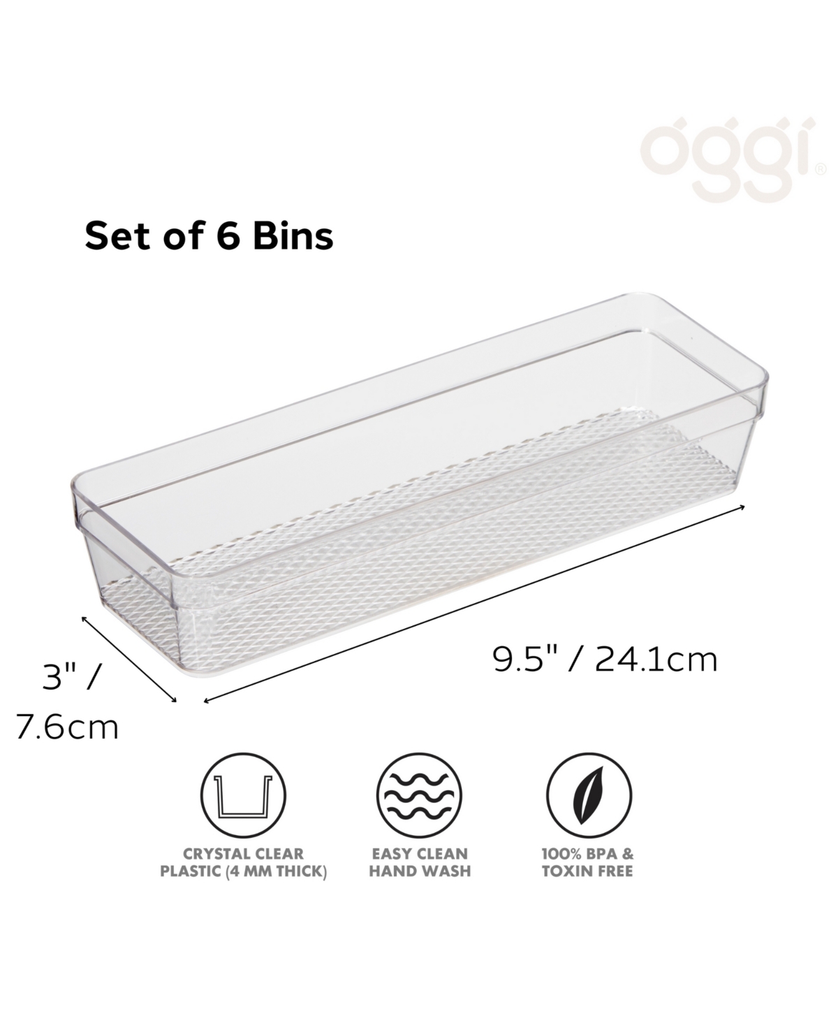 OGGI SET OF 6, 3" X 9.5" CLEAR DRAWER ORGANIZER 