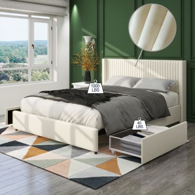 Streamdale Anna Upholstered Velvet Platform Storage Bed - Ivory