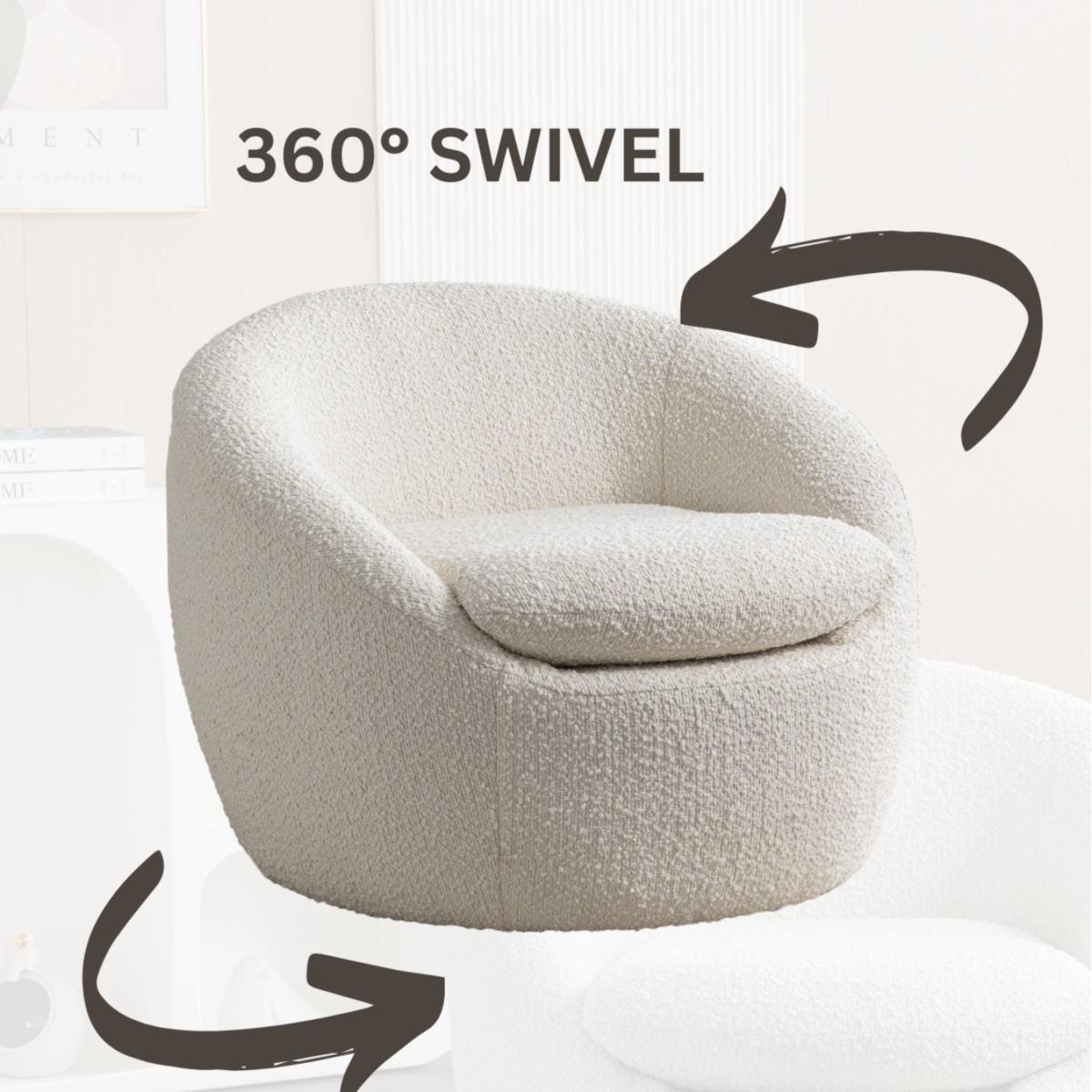 Streamdale Furniture Modern Teddy Boucle Fabric Barrel Chair, 360° Swivel, White