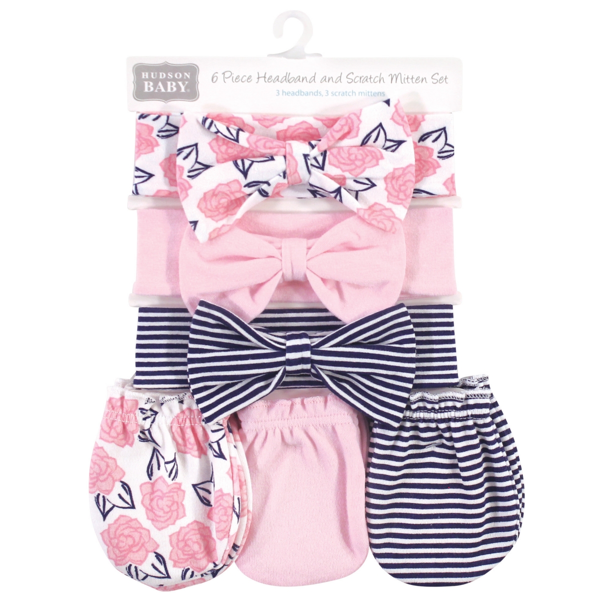 Hudson Baby Baby Girls Cotton Headband and Scratch Mitten 6pc Set, Pink Peony, Months