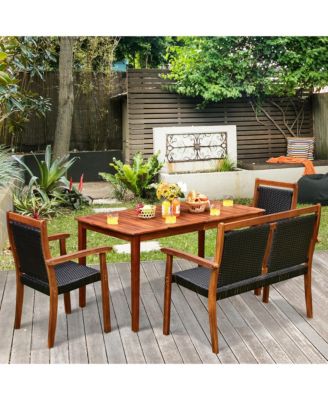 4PCS Patio Dining Set Acacia Wood Rattan Furniture Set w/ Umbrella Hole