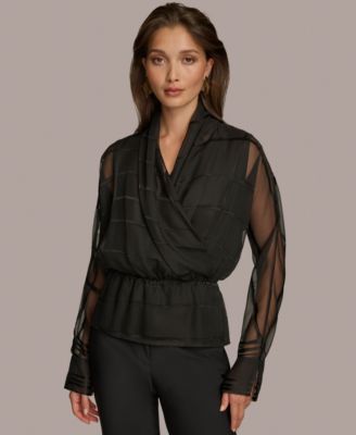 Donna Karan New York - Women's Burnout Faux-Wrap Long-Sleeve Top