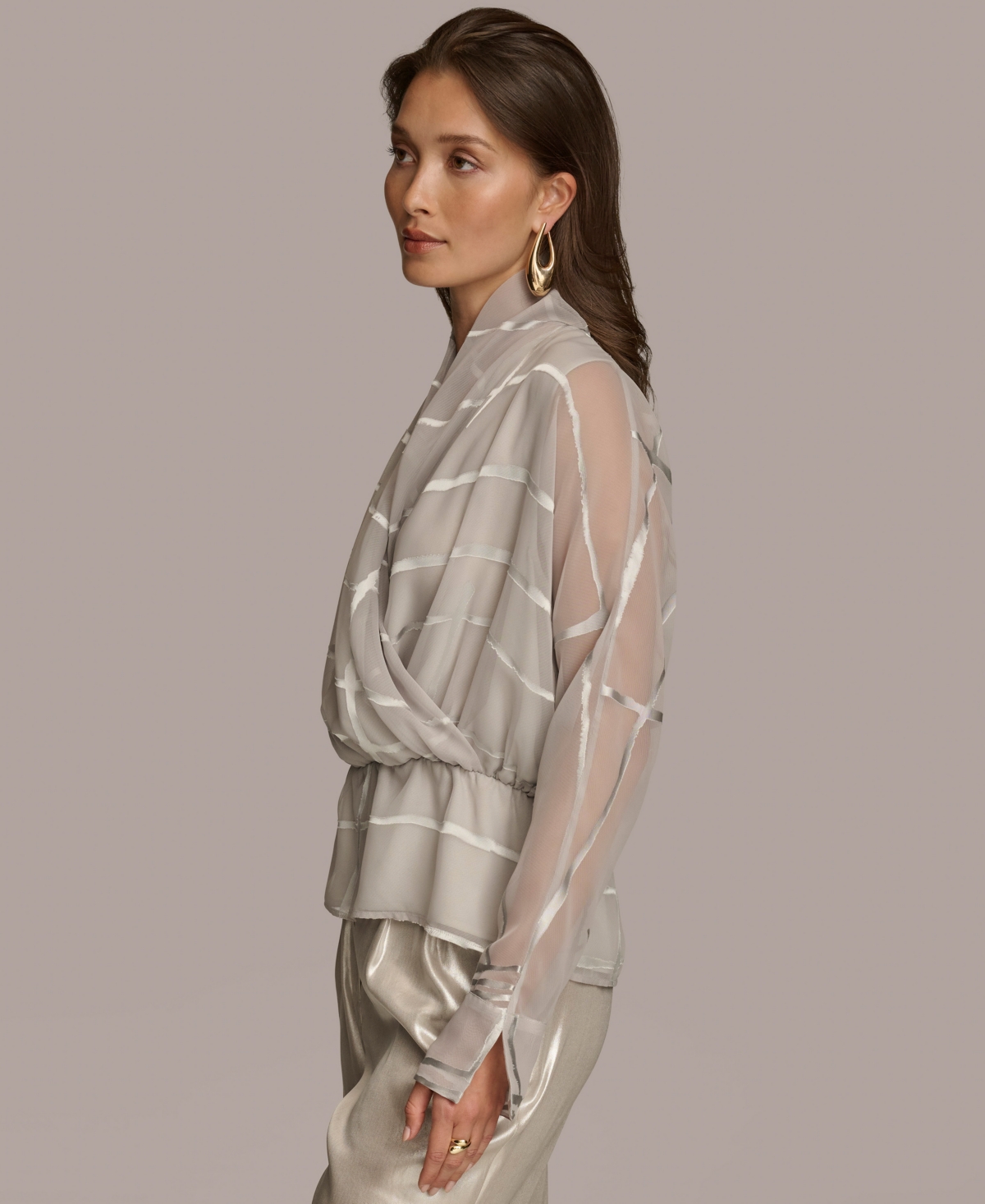 Donna Karan Women's Burnout Faux-Wrap Long-Sleeve Top