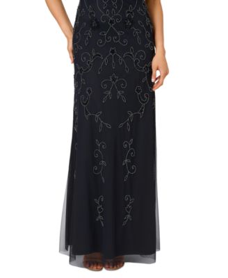 adrianna papell art deco beaded blouson dress Petite Boat-Neck Short-Sleeve Gown - Midnight Papell embellished WAYF white and black Size:32F Allover floral beading outlines published_date:2025-04-14T16:03:01Z