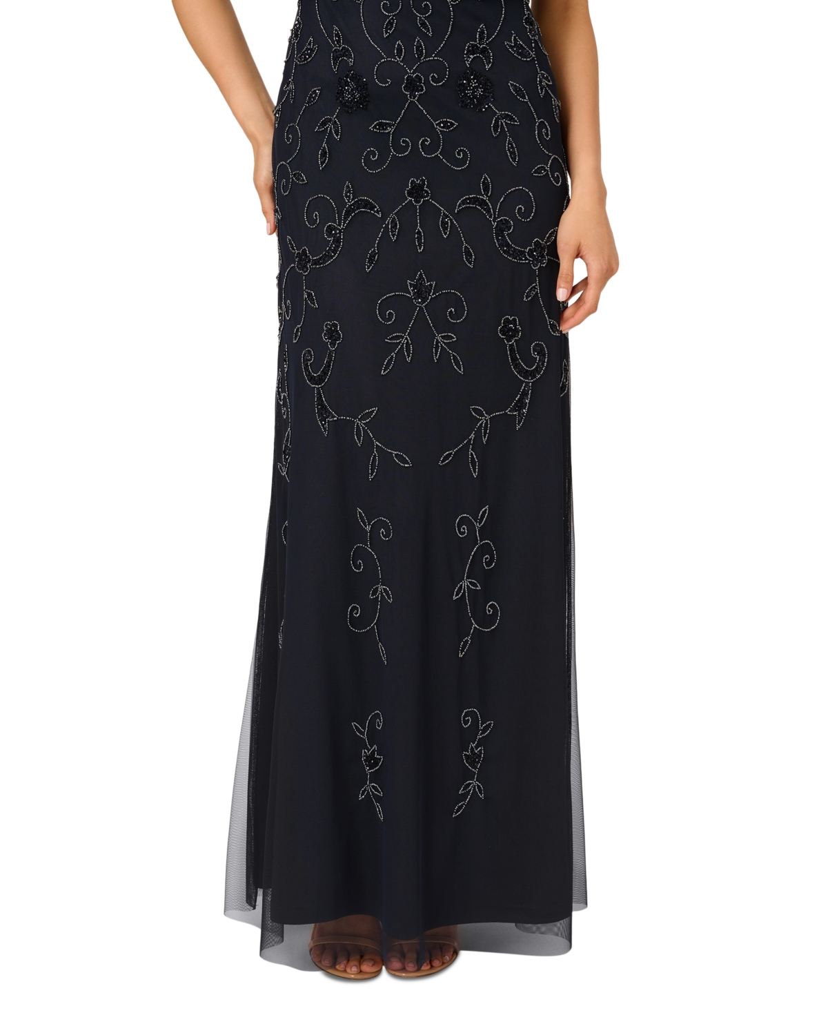 Adrianna Papell Beaded Mesh Gown In Midnight