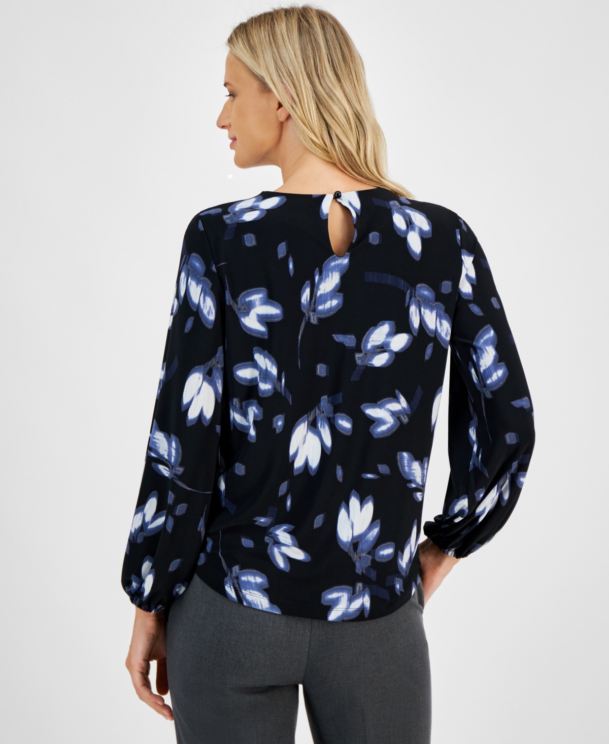 Shop Anne Klein Women's Printed Keyhole Blouson-sleeve Blouse In Midnight Dusk