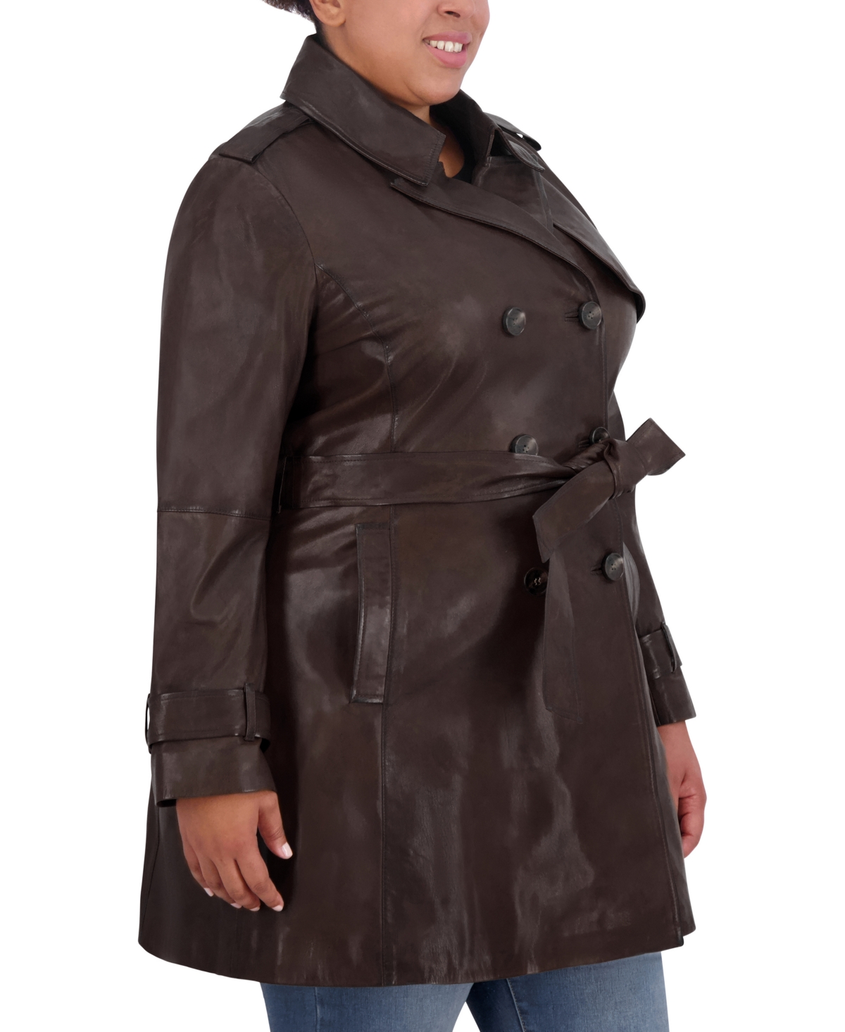 Tahari Womens Plus Size Natalie Belted Leather Trench Coat