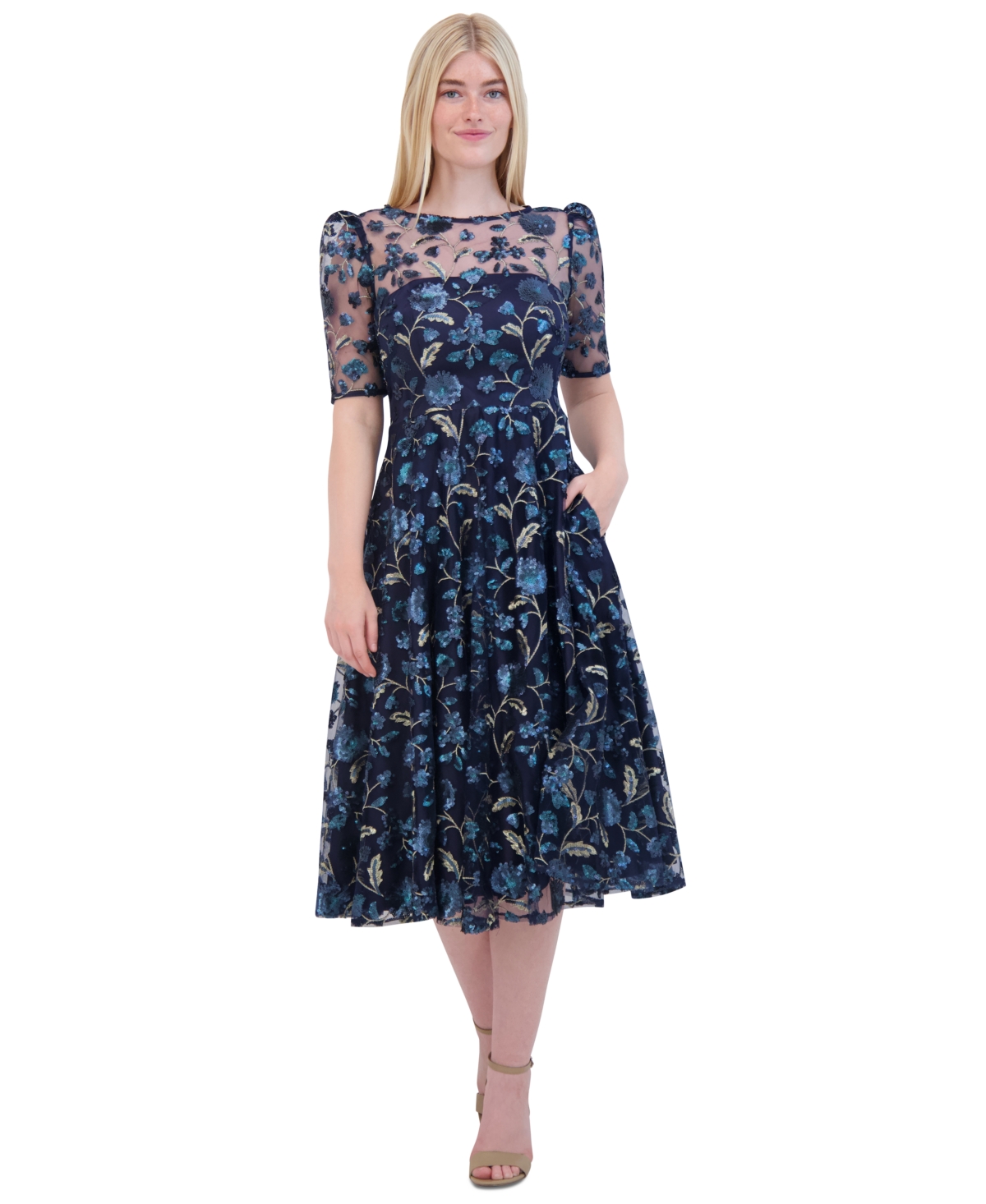 Eliza J Women s Floral Sequin Puff Sleeve Fit Flare Dress Navy Smart Closet
