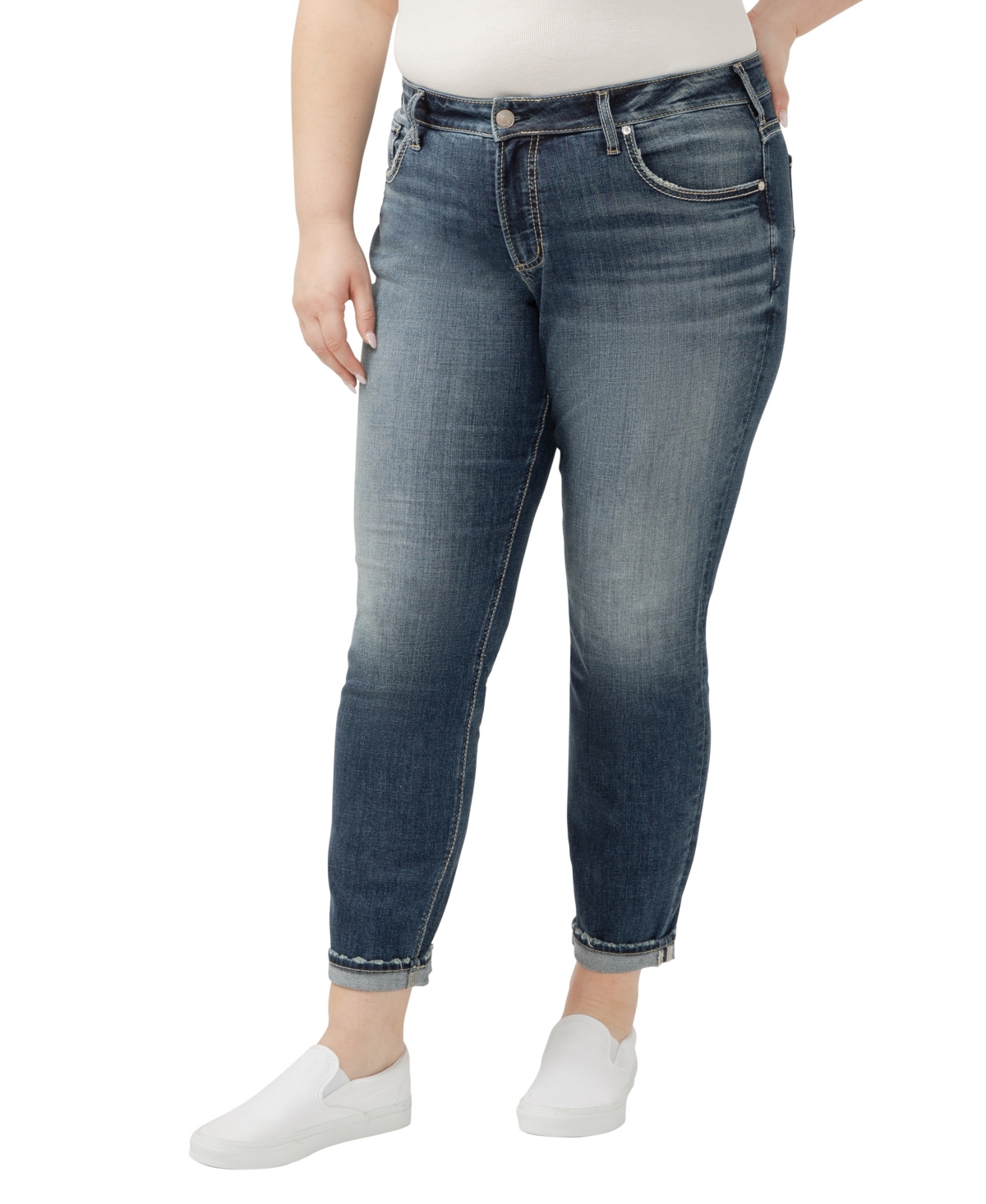 Shop Silver Jeans Co. Plus Size Boyfriend Mid Rise Slim Leg Luxe Stretch Jeans In Indigo