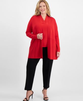 Plus Size Open Front Cardigan V Neck Top Pants