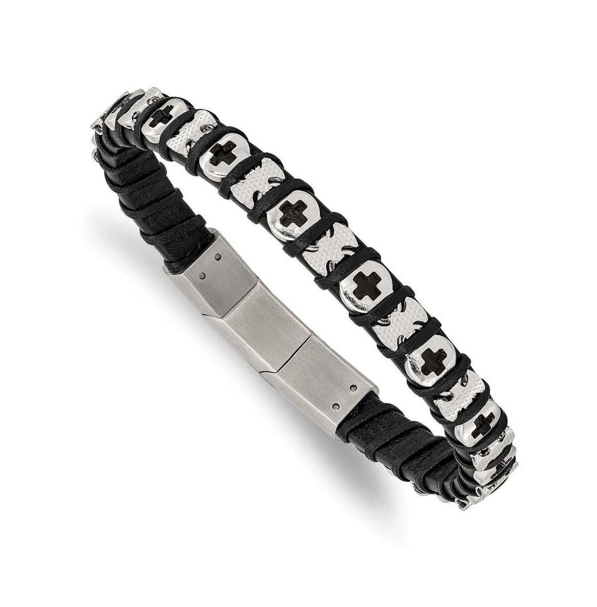 Stainless Steel Crosses Black Leather with extension Bracelet - Black