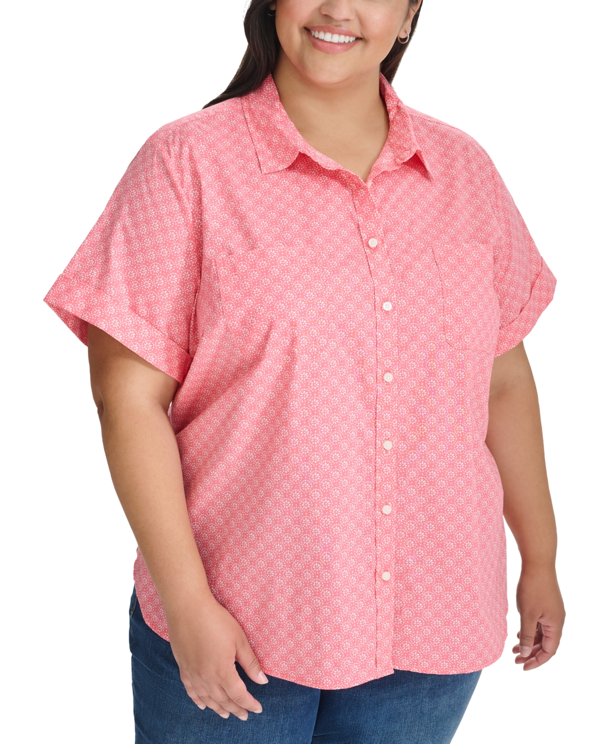 Tommy Hilfiger Plus Size Printed Button-front Cotton Camp Shirt In Tea Rose,white
